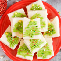 Christmas Tree Fudge on a red plate.