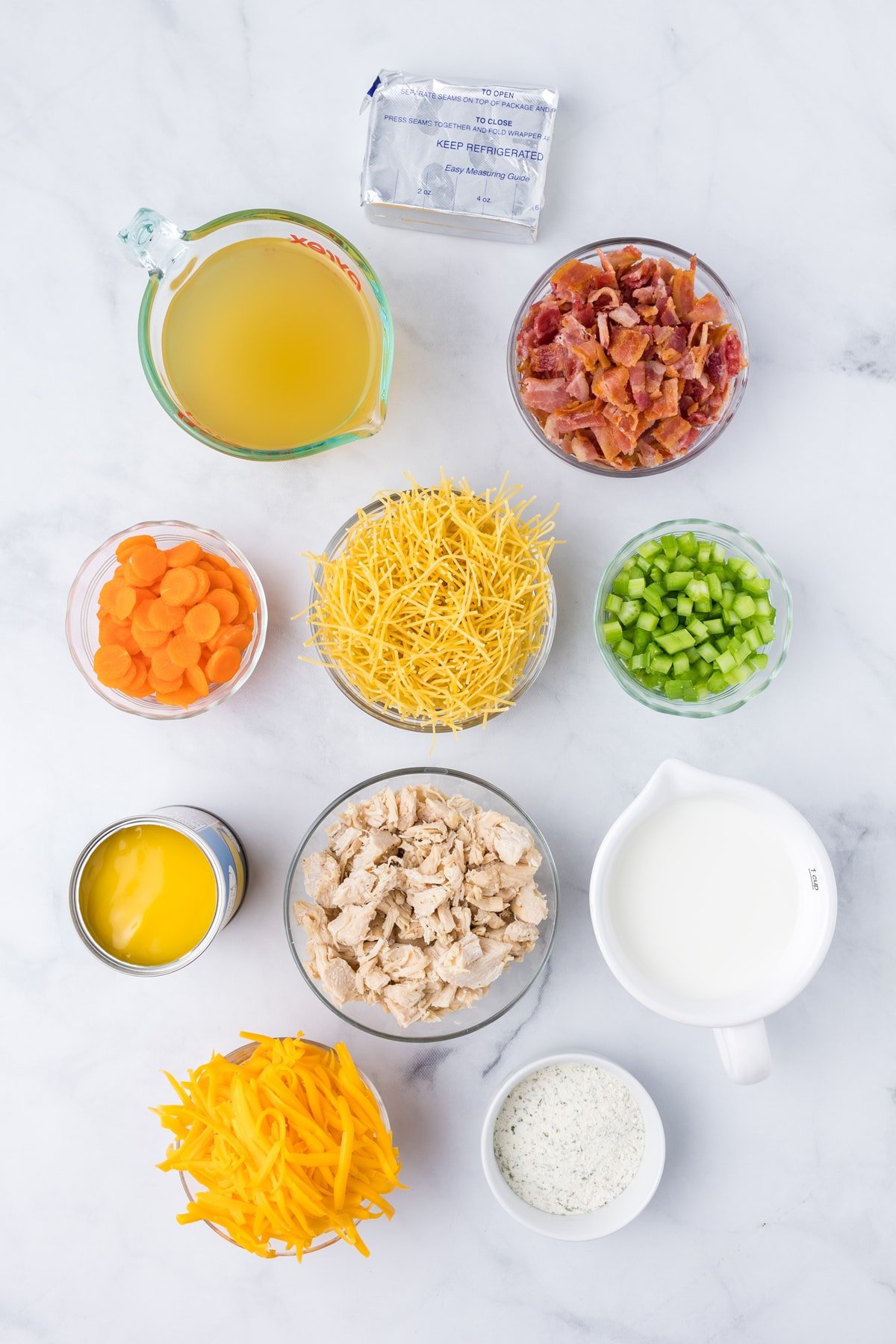 Overhead view of crack chicken noodle soup ingredients